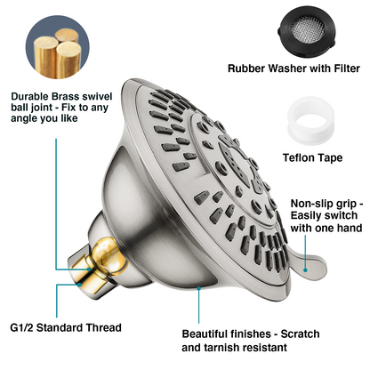5-Spray Fixed Shower Head with Adjustable Angle