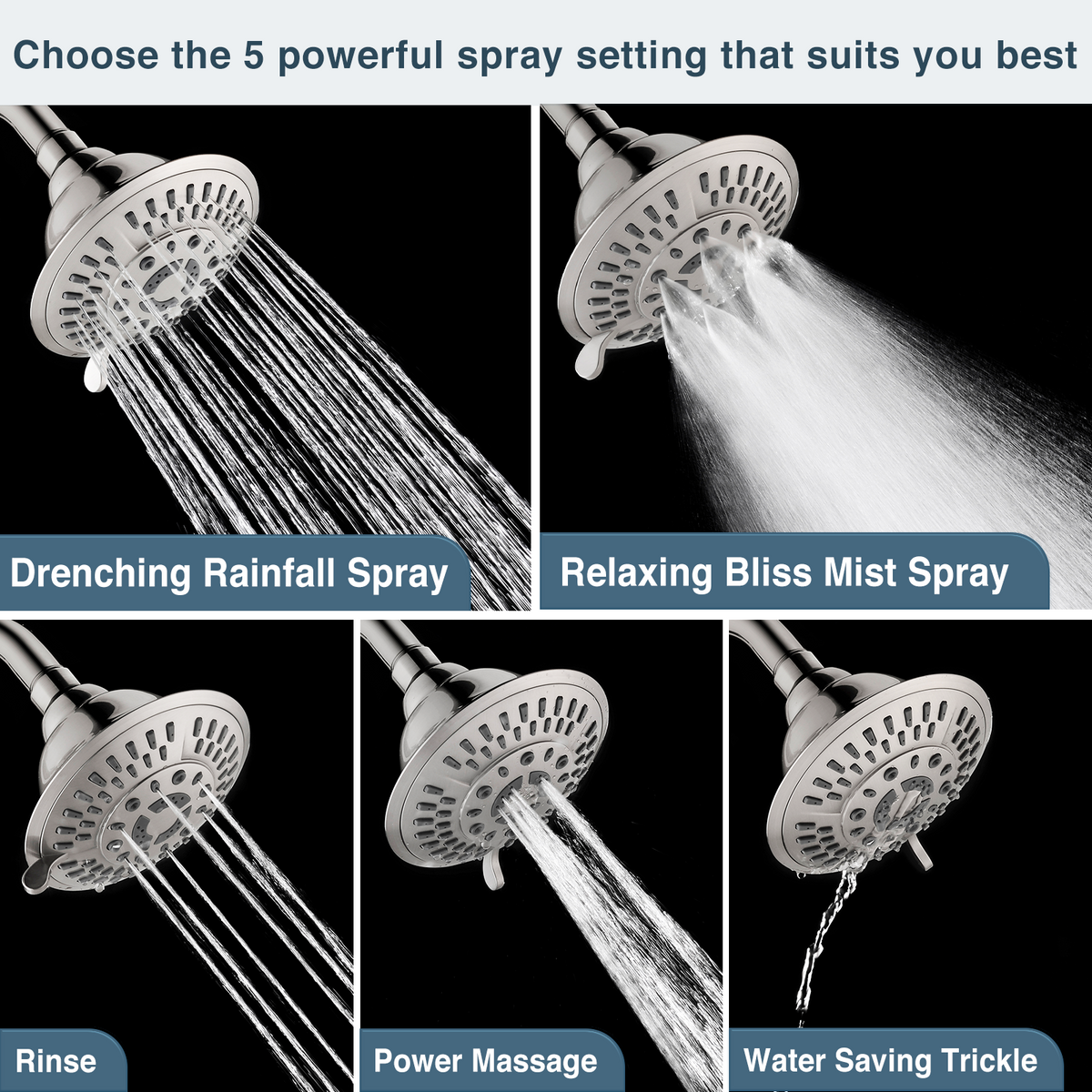 5-Spray Fixed Shower Head with Adjustable Angle