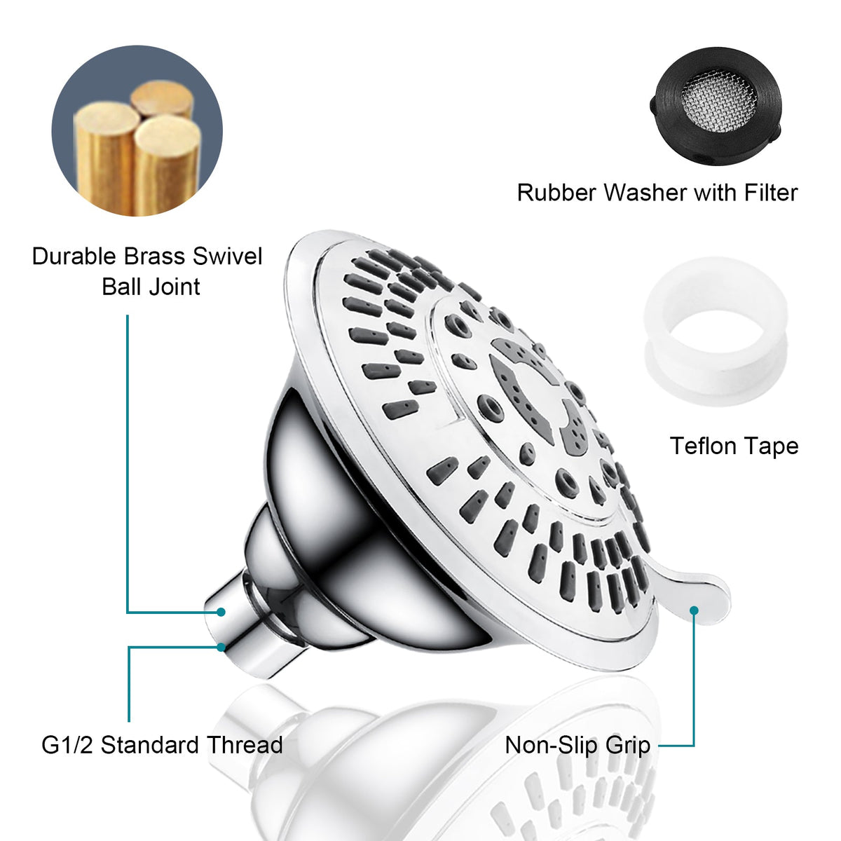 5-Spray Fixed Shower Head with Adjustable Angle