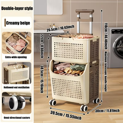 Collapsible Double-Layer Plastic Laundry Basket with Wheels