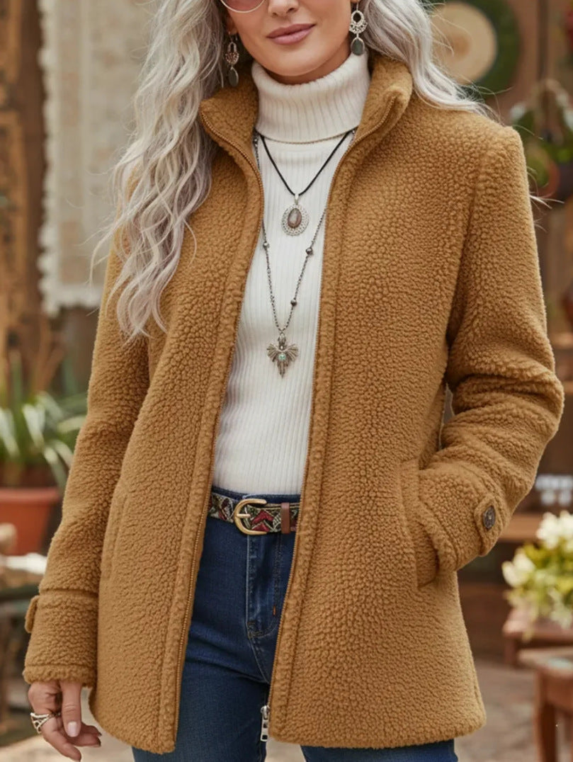 Fleece Zip-Up Jacket Women's Stand Collar Solid Color Loose Fit Casual Long Sleeve Outerwear Clothing