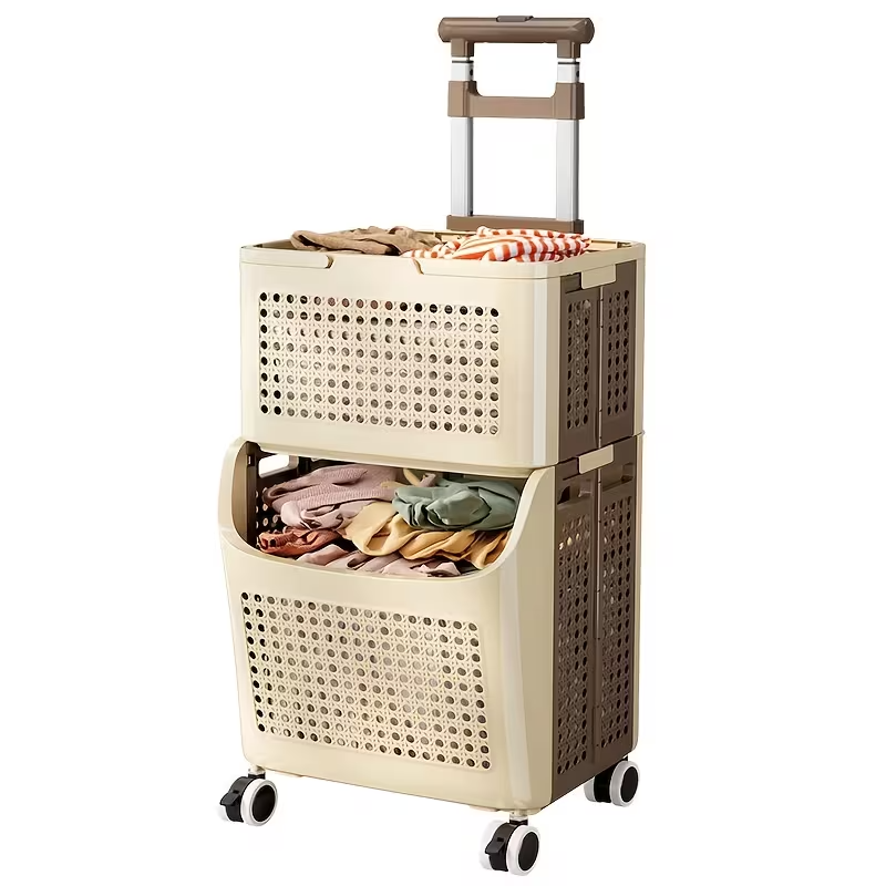 Collapsible Double-Layer Plastic Laundry Basket with Wheels