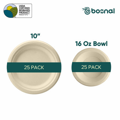 10 Inch Round Plates with 16 oz Bowls, 100% Plant-Based Sugarcane Bagasse, Compostable, Microwave Safe, Eco-Friendly Dinnerware