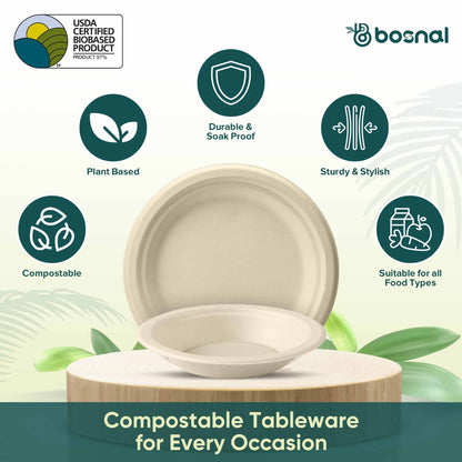 10 Inch Round Plates with 16 oz Bowls, 100% Plant-Based Sugarcane Bagasse, Compostable, Microwave Safe, Eco-Friendly Dinnerware