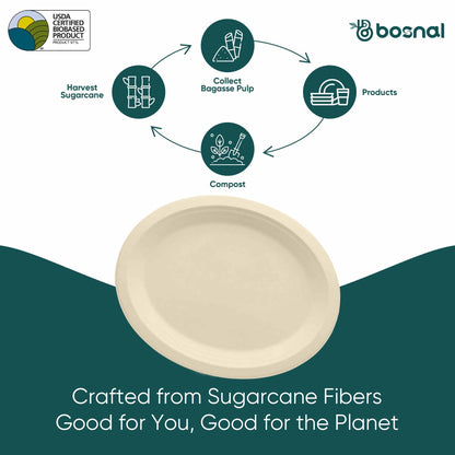 10 Inch Oval Compostable Plates – 500 Pcs, 100% Sugarcane Bagasse, Eco-Friendly Disposable Plates, Microwave Safe, BPA-Free, Sturdy